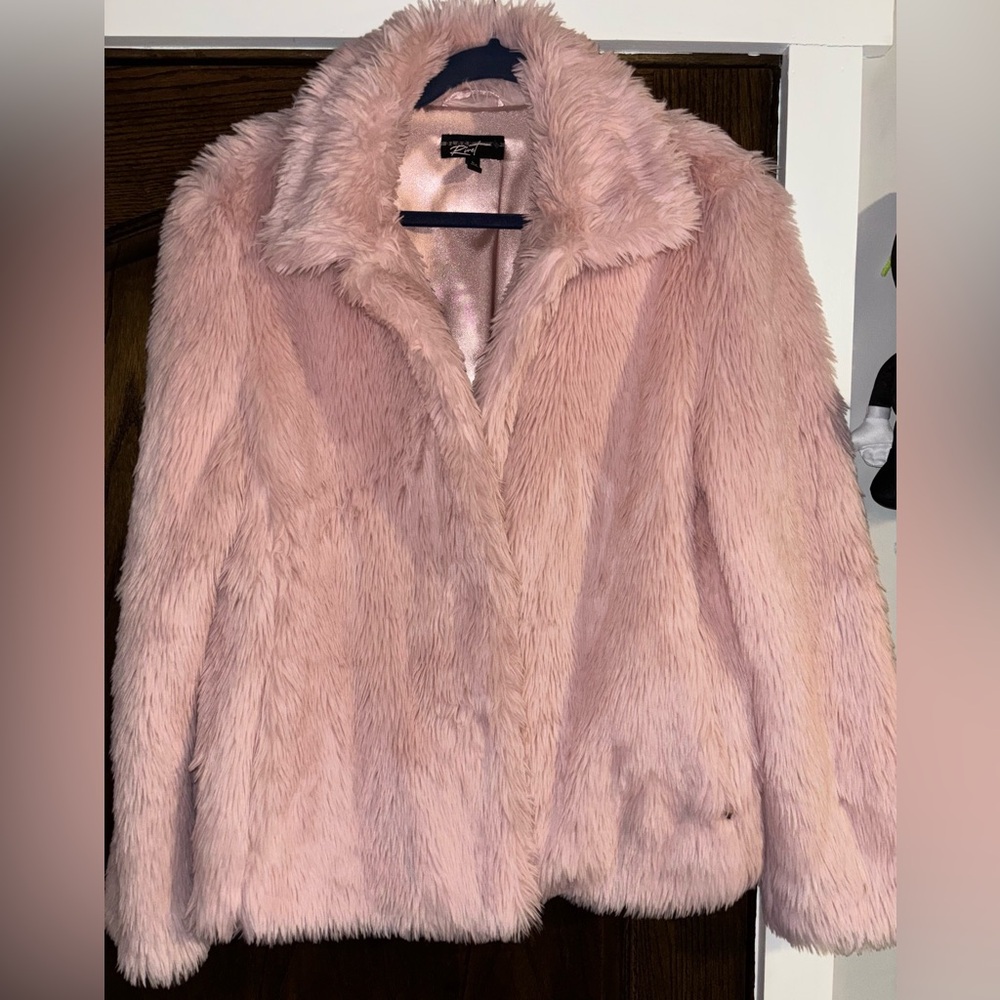 Black Rivet Faux Fur Pink Festival Shaggy Jacket Coat Furry Soft Cozy S Large